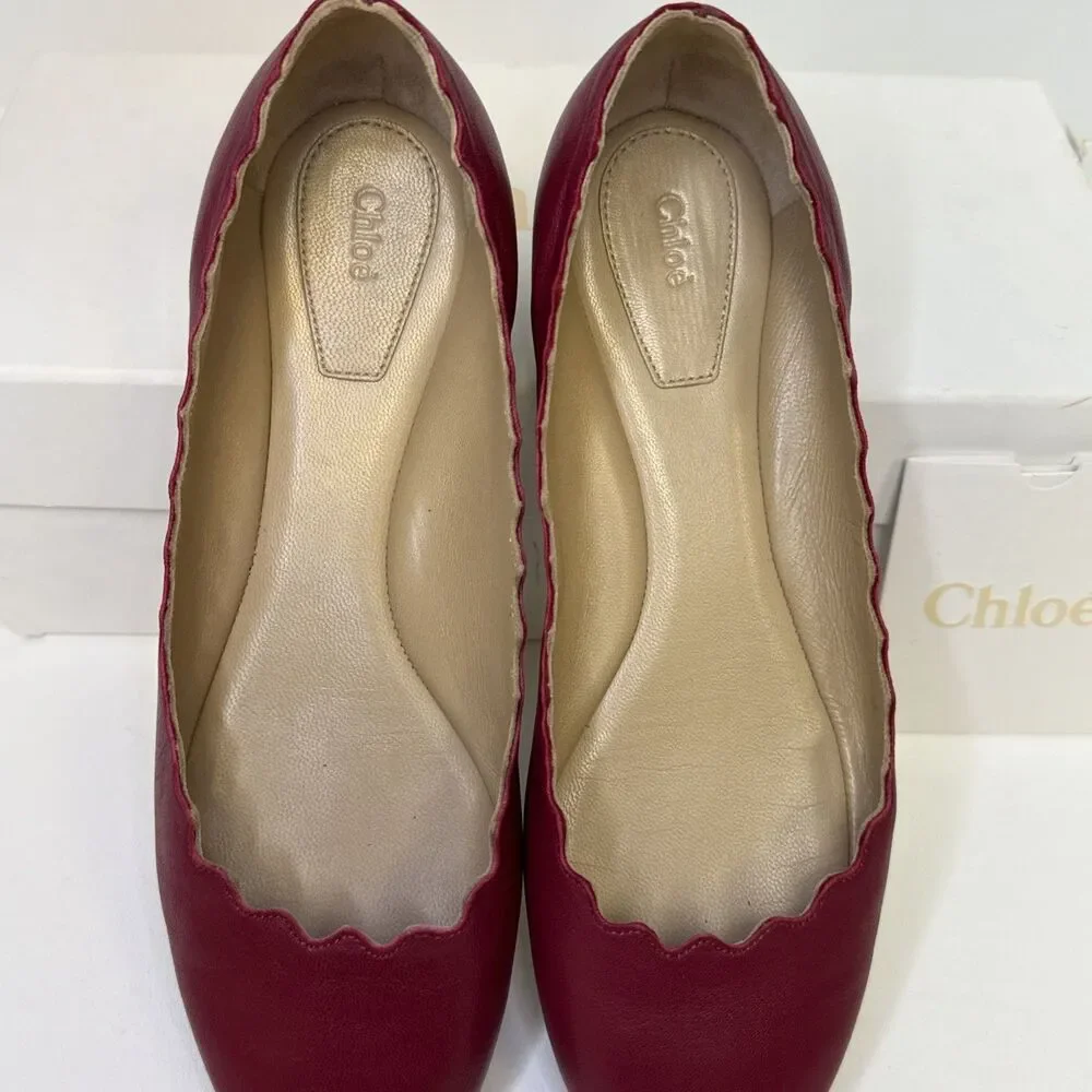 Chloe Lauren Scalloped Leather Ballet Flats Red Size EU 35.5 US 5.5
